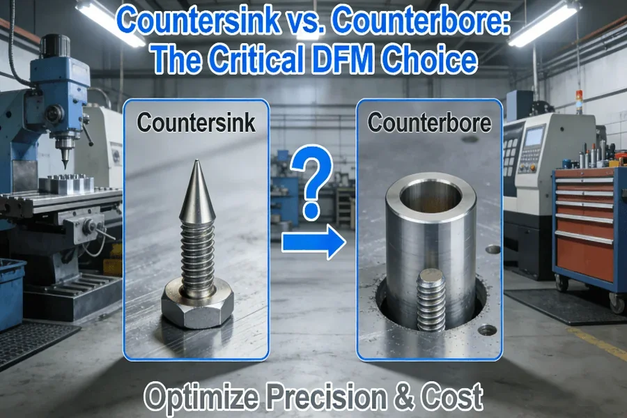 Technical diagram comparing countersink and counterbore hole geometries with labeled parameters like angle and depth for precision machining.