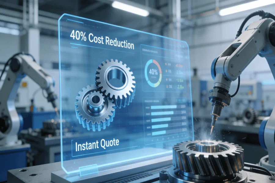 A futuristic manufacturing interface showing a 3D model of a gear with real-time online quote analysis, highlighting 40% cost reduction and instant lead time.